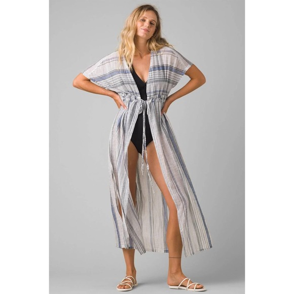 Prana Women the Bahamas Cover Up Dress Large White Blue Stripe Maxi Organic - Picture 1 of 11